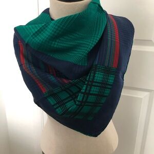 Gorgeous Italian Made Silk Plaid Green, Blue and Red Scarf